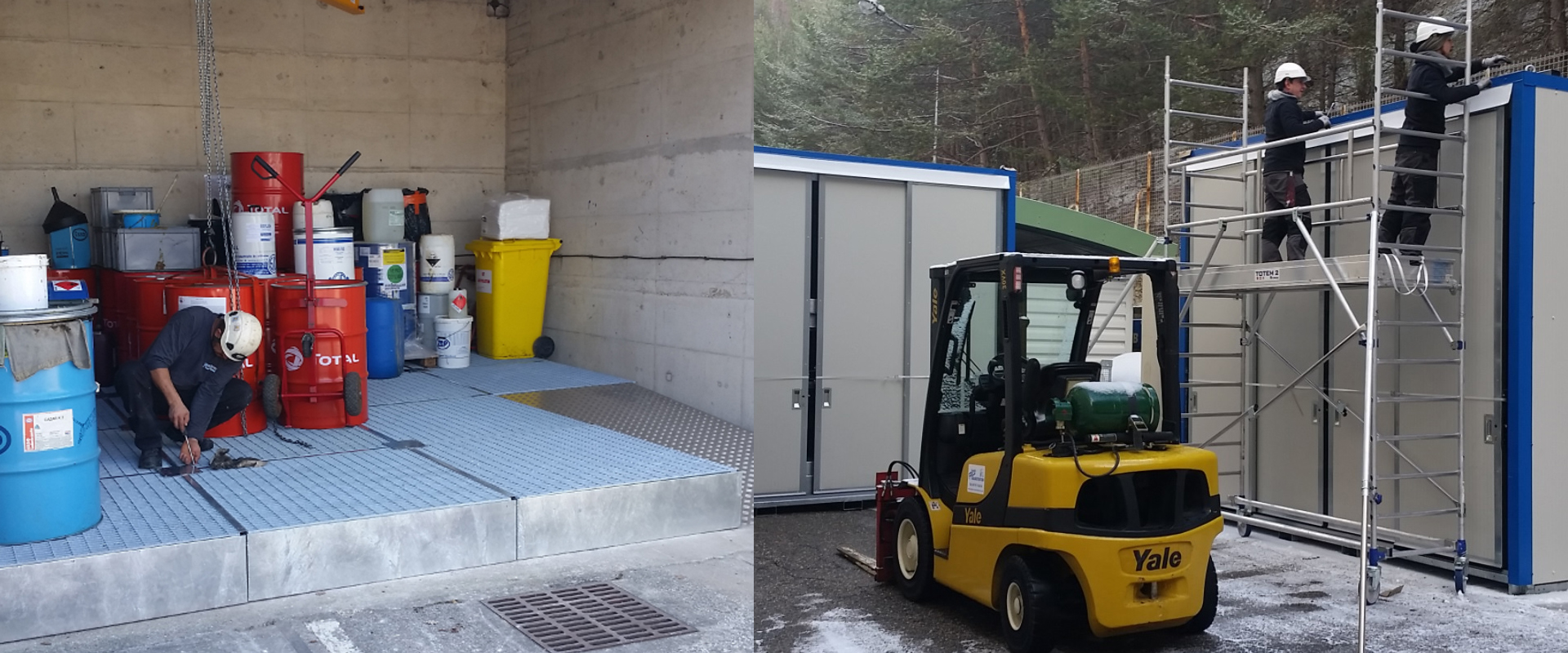 Conception et montage de plancher de rétention et d'armoires de stockage en extérieur pour produits dangereux